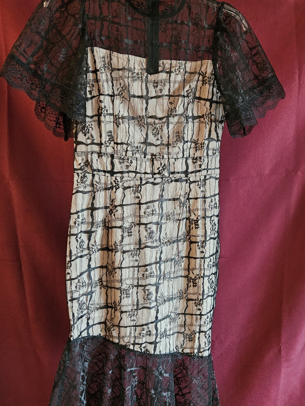 Han Queen Black Lace Overlay Ivory Dress with Sheer Yoke
